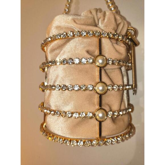 Rhinestone & Pearl Metal Frame Tube Clutch With Gold Purse Chain & Nude Bag NIB - Picture 3 of 9